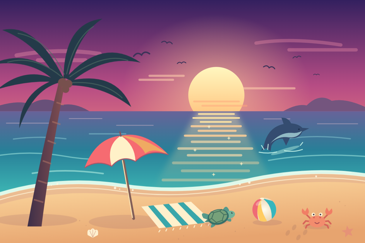 A beach at sunset with a palm tree, turtle, crab, birds, and a leaping dolphin.