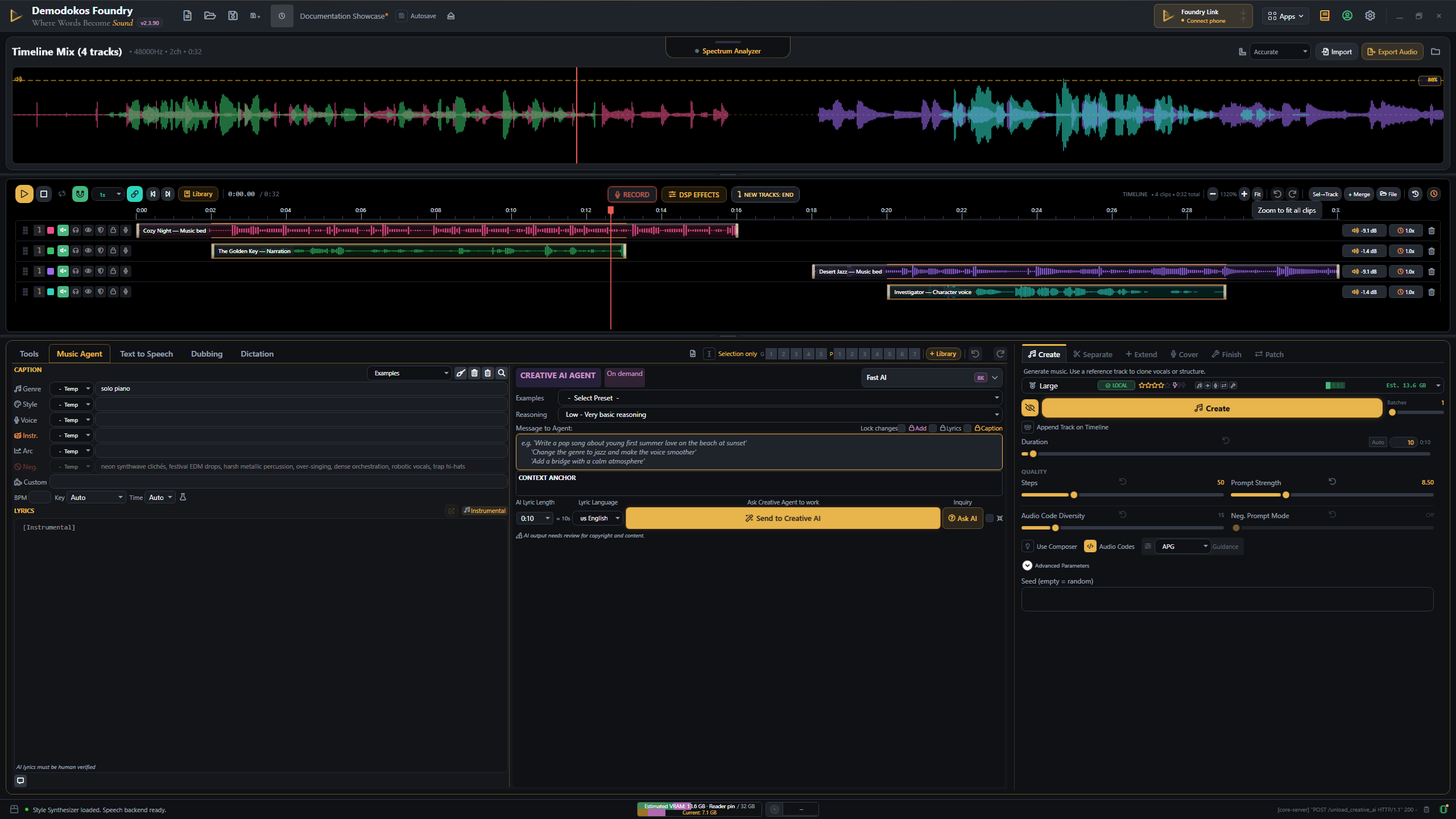 Demodokos Foundry running locally, with dialogue, music, and waveforms arranged in its production workspace.