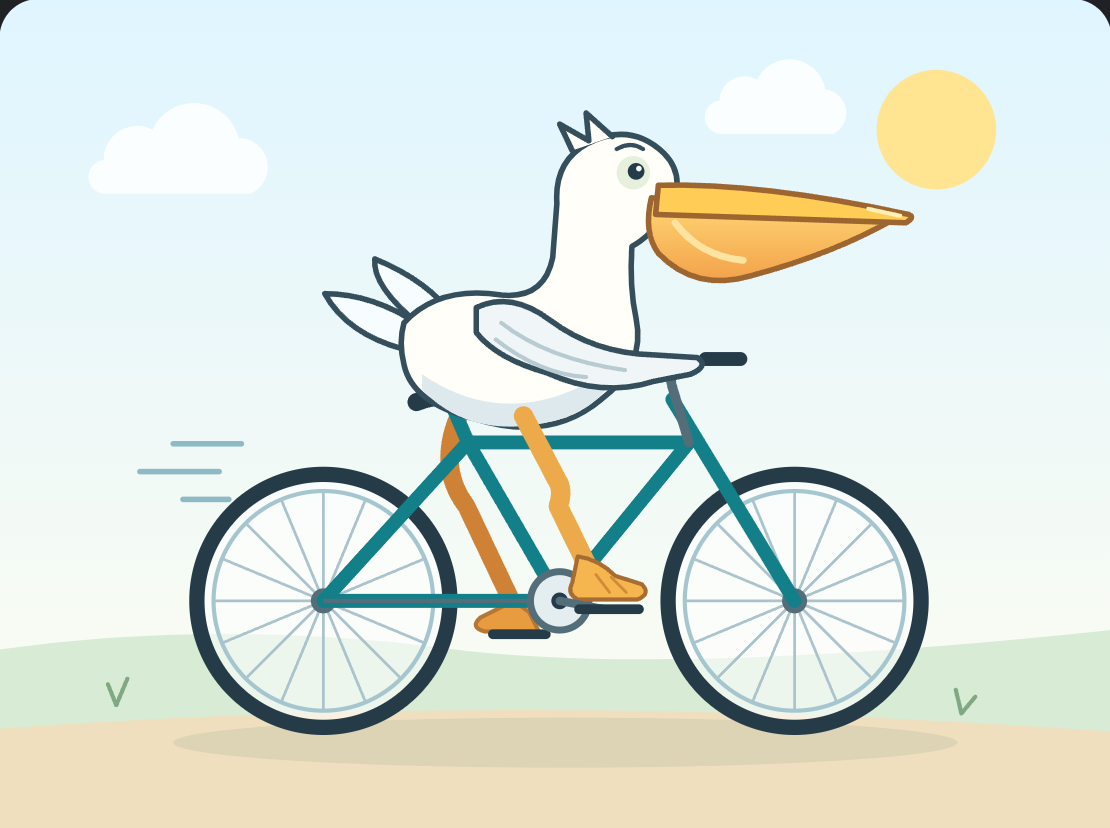 A pelican riding a teal bicycle beneath a sunny blue sky.